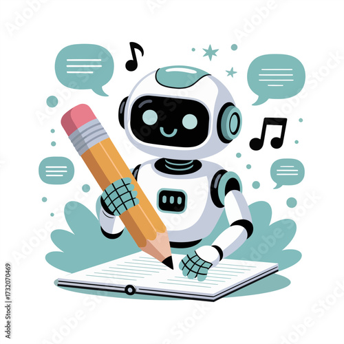 music loving robot, giant pencil composing notes, headphones icon, melody symbols, creative study scene, adorable educational vector illustration