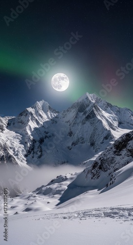 Moonlit Majesty - Snow-Capped Peaks Under Auroras Glow.