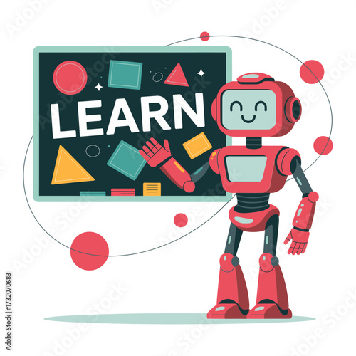learn banner poster, friendly robot teacher, geometric icons floating, motivation message, classroom education theme, modern digital vector illustration
