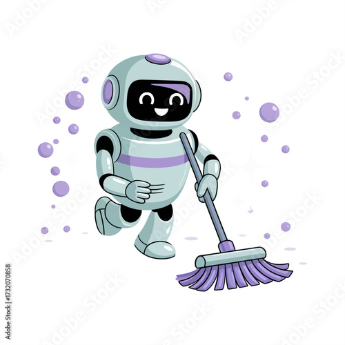 Cute cleaning robot, friendly service droid with mop, soap bubbles trailing, household housekeeping helper, smart home maintenance vector