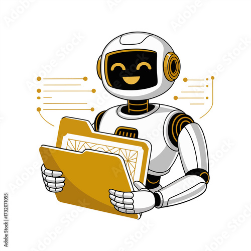 Robot filing documents, cheerful android holding large folder, digital lines flowing, information management concept, modern office helper vector
