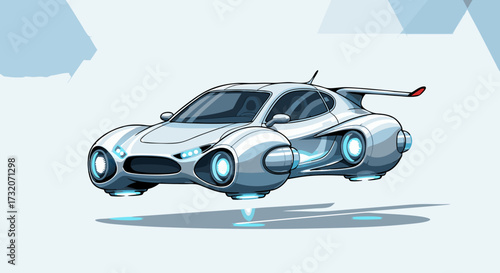 Futuristic flying car with sleek design and glowing blue engines, representing advanced transportation and innovation in the year 2050