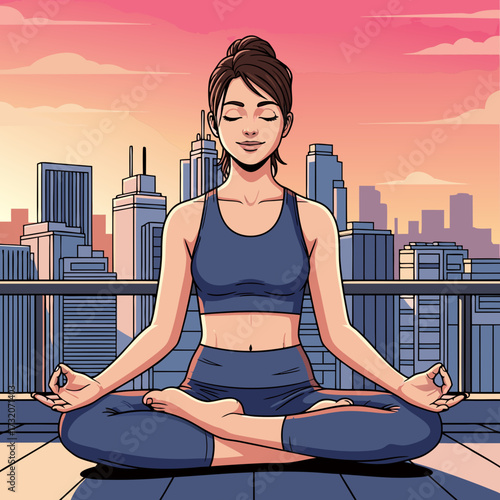 Serene woman meditating peacefully in a rooftop yoga pose, embracing tranquility amidst a vibrant city skyline at sunrise, embodying mindfulness and inner balance