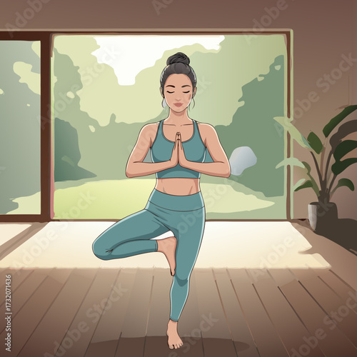 Woman in Tree Pose in bright sunlit room with plants, practicing yoga for inner peace and physical well-being, a harmonious moment of mindful balance and self-care