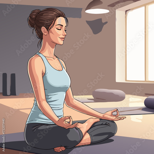 Woman Meditating in Lotus Pose Indoors, Achieving Inner Peace and Mindfulness Through Yoga Practice