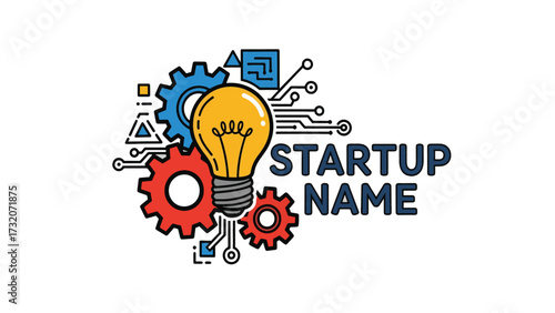 A bright idea symbolized by a glowing lightbulb surrounded by gears and circuitry, representing innovation and a startup's technological foundation.