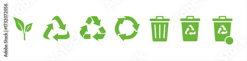 Green eco icons set including plant sprout, three types of recycling symbols, circular arrow, trash bin, recycling bin, and recycling bin with lid open. Flat vector illustration on white background. 