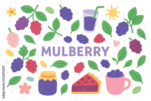 Colorful mulberry illustration with berries, leaves, jam, and juice elements