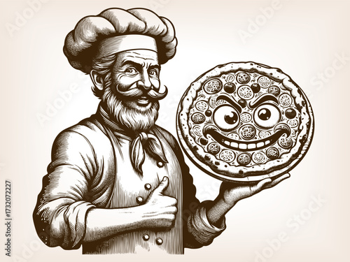 Italian chef holding pizza with a smiling face made of toppings, humorous comic style sketch engraving generative ai fictional character vector illustration. Scratch board imitation. Black and white.