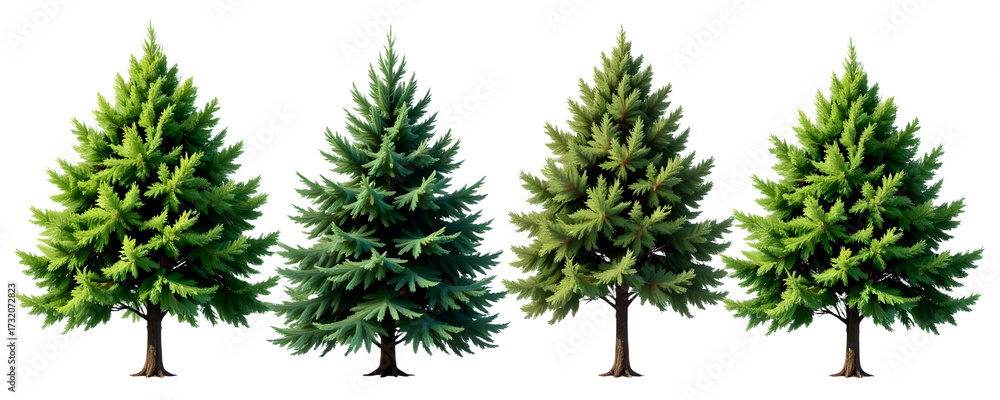 Naklejka premium Four evergreen trees in a row with lush green foliage stand tall and proud. Each tree is unique, but together they form a harmonious composition.