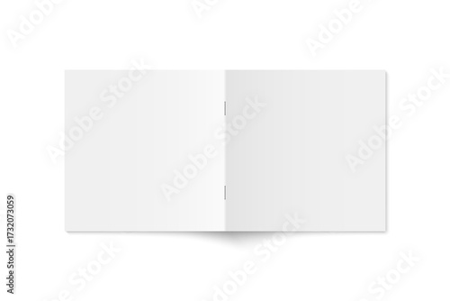Vector mockup of white paperback square magazine spread cover isolated. Realistic softcover book, brochure or booklet template opened on white background. 3d illustration.