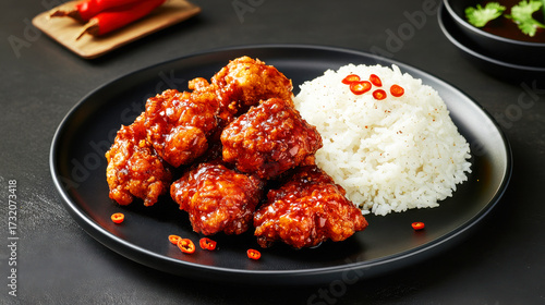 Spicy korean fried chicken with steamed rice and chili peppers