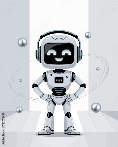 futuristic robot in sci fi room, orbit graphics background, cheerful stance, technology assistant mascot, contemporary vector illustration