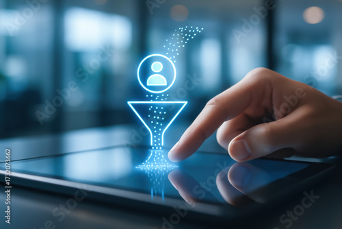 Sales pipeline lead scoring concept with digital funnel and user icon on tablet screen for 2026 business growth strategy