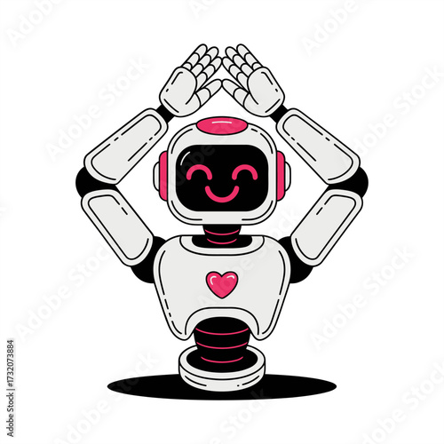 Happy robot with heart symbol, arms overhead pose, friendly companion, generosity theme, expressive character art, clean vector illustration
