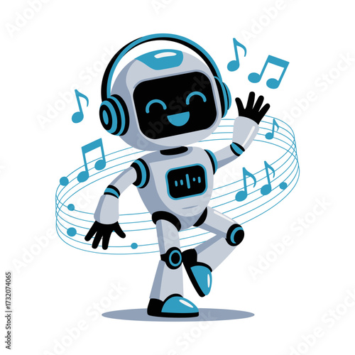 Music loving robot dancing, swirling notes ribbon, joyful audio companion, entertainment technology mascot, party celebration design, vector