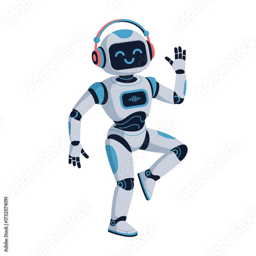Playful dancing robot, one leg lifted, energetic rhythm pose, cute futuristic character, kids technology mascot, cheerful vector illustration