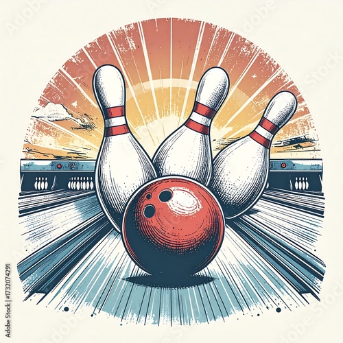 Bowling pins and ball on lane at sunset