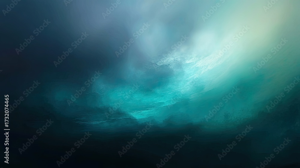 Naklejka premium Abstract, painterly deep-sea image with dynamic blues and greens, showing light filtering through water, conveying depth and mysterious currents, blurred background