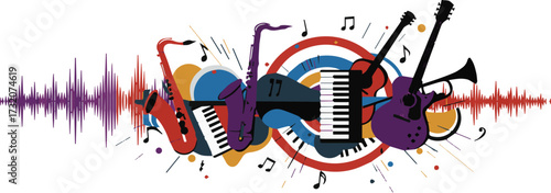 Dynamic illustration of diverse musical instruments and vibrant sound waves, symbolizing the energy and joy of music creation and energetic performance