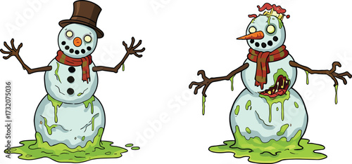 Creepy zombie snowman cartoon, scary Christmas monster illustration, horror holiday character design, undead winter creature, spooky festive artwork, funny scary drawing