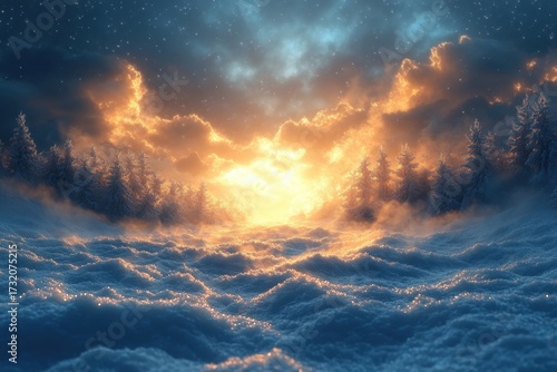 Bright sun shining through snowy clouds.