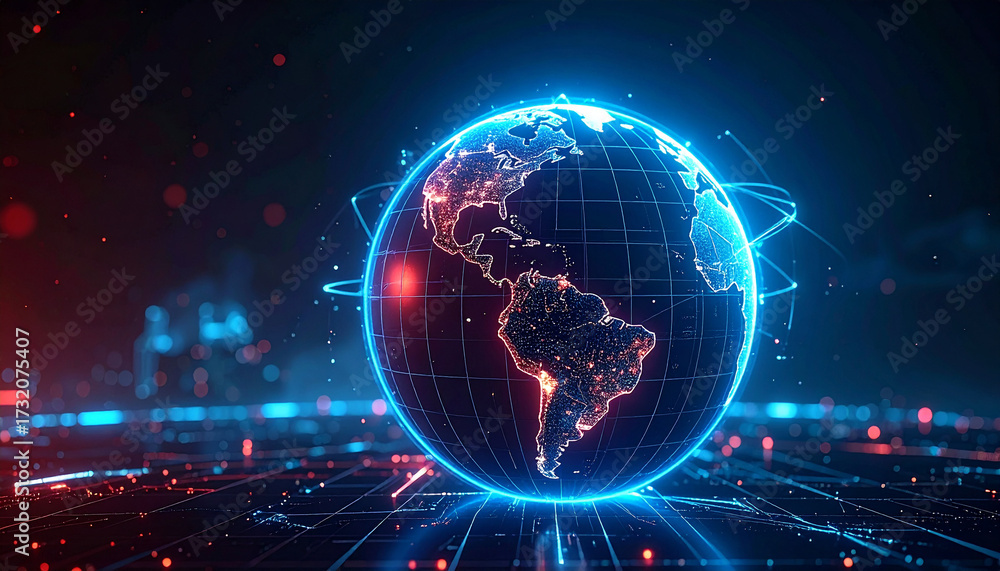 Obraz premium Global Digital Connectivity: A futuristic digital depiction of the Earth, enveloped in a network of illuminated connections, symbolizing global digital transformation, data, and communication.