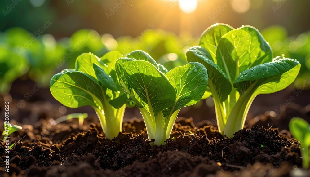 Obraz premium Close-up of young bok choy plants in soil, bathed in sunlight