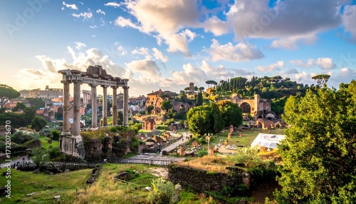 Ancient Roman ruins at sunset, panoramic view.  Vast expanse of historical structures, including a colonnaded archway,  amidst greenery and hills.  Pale golden sunlight bathes the scene