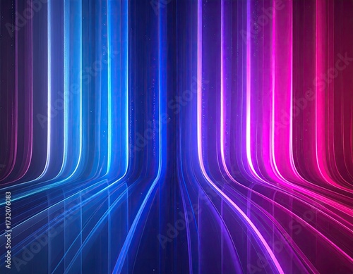 Neon light streaks converge on a dark stage