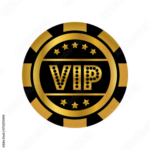 Round gold VIP label. Vector vip chip with golden gradient and decorative golden elements, stars. Vip person. Isolated on white background. Priority person in casino, festivals, events. Vip sale label