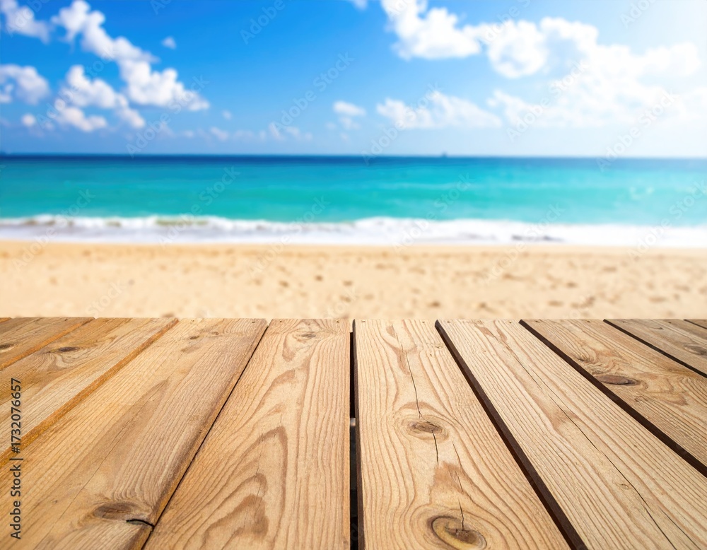Fototapeta premium Wooden deck overlooking a sandy beach and turquoise ocean under a partly cloudy sky