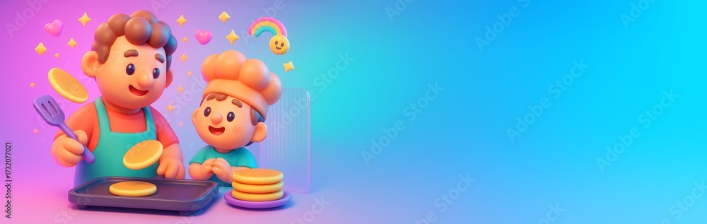 Obraz premium Cute cartoon chef characters cooking pancakes with happy expressions on colorful background, ideal for food promotion or kids content mockup. Ai generative