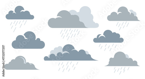 Cartoon style gray rain clouds with falling raindrops weather forecast elements.