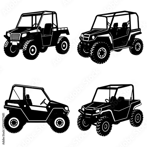 Four black silhouette illustrations of off road utility vehicles on a white background display