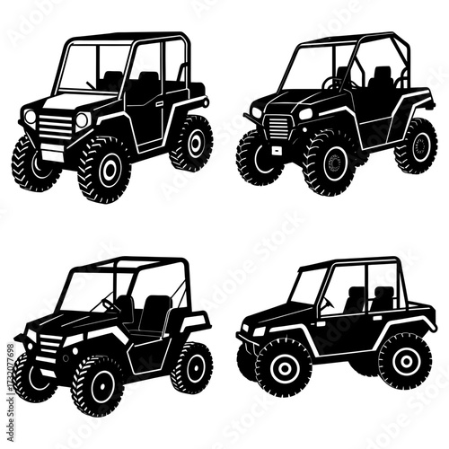 Four black and white side by side vehicles with large tires in a vector illustration style format