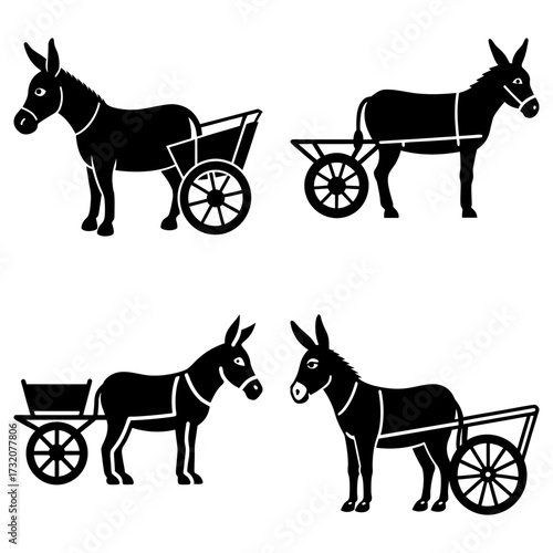 Four black silhouettes of donkeys with carts in various positions on a white background image art