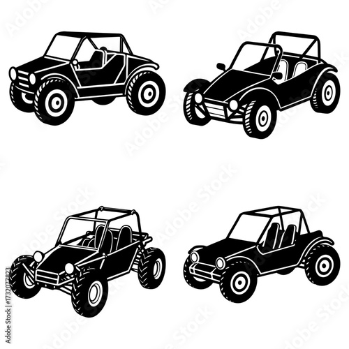 Illustration of four off road vehicles in black and white with different designs and tire styles shown