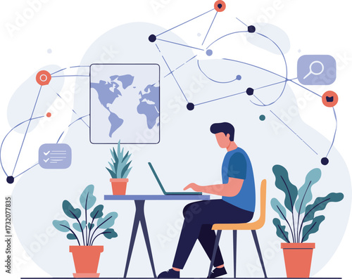 Modern Remote Work A Person Coding on a Laptop with Global Network Connections and Plants