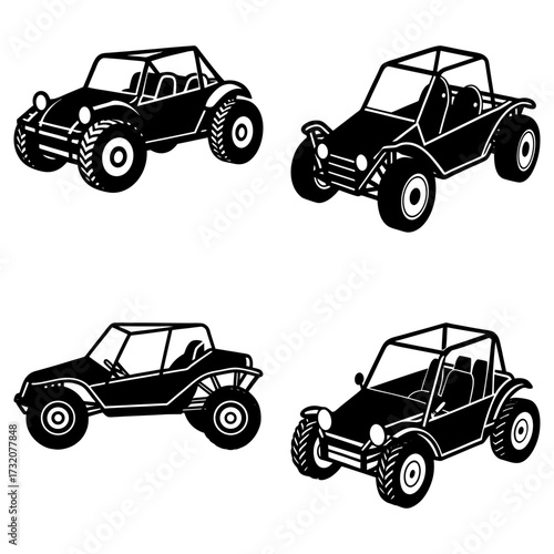 Four vector images of dune buggies in black and white with different styles and tire designs shown here