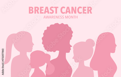 Breast Cancer Awareness Month banner. Silhouette of women in flat design.