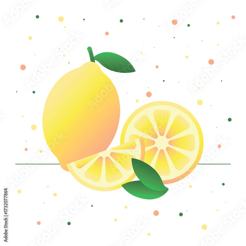 Fresh lemon with slices cut off in modern minimalistic flat style, soft gradients and dotted background. 