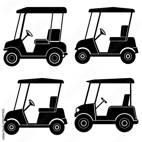 Four golf carts in black silhouette arranged in a square pattern on a white background showing vehicles