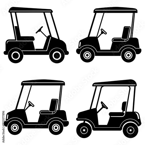 Four black and white golf carts with open sides and roofs arranged in a square formation graphic design