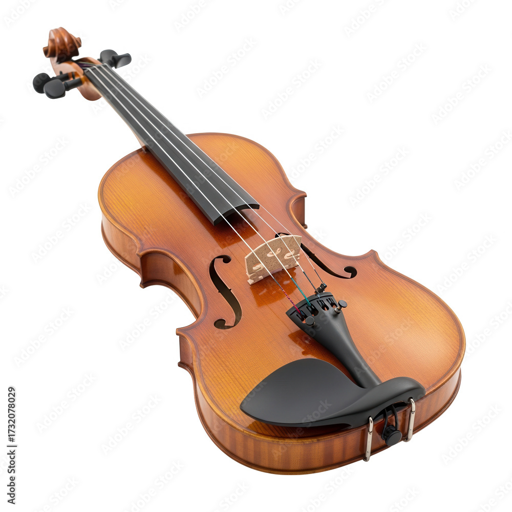 Fototapeta premium Classical wooden violin with strings and bridge detailed close-up musical instrument photography isolated on transparent background