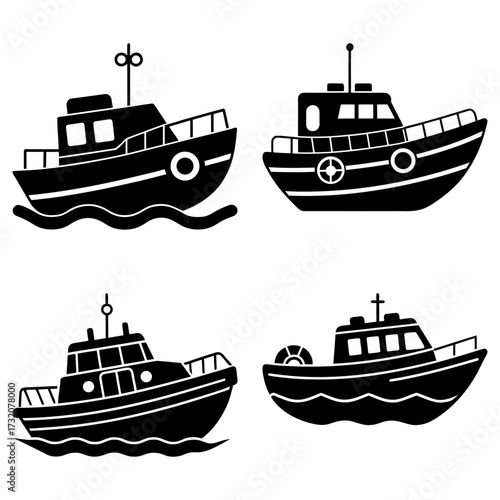 Four black and white boat illustrations with varying designs on small waves in a square arrangement