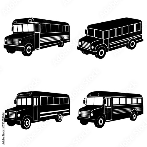 Illustration of four black school buses in different perspectives on a white background design element