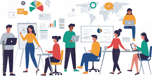 Dynamic representation of a collaborative business meeting, symbolizing professional networking, communication, and global team connections with interconnected profiles