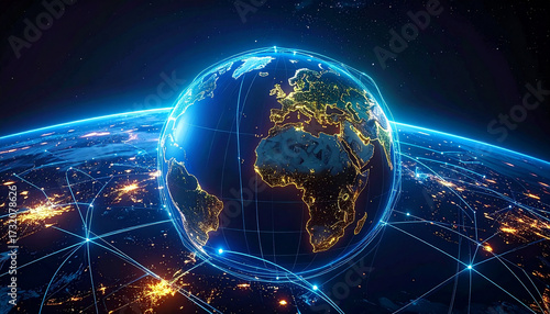 Global Network: Capturing a stunning display of the Earth enveloped by a digital web of interconnected global networks, radiating a sense of innovation and global interconnectedness.