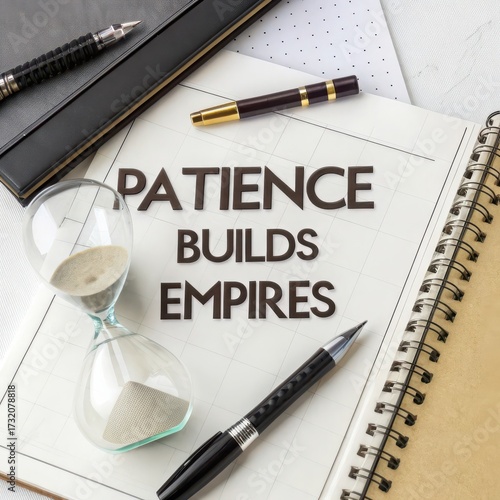 Hourglass on planner with patience quote and pens
